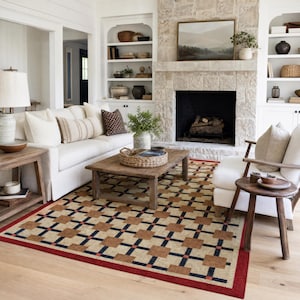 Scandinavian boho wool jute kilim rug in neutral tones on living room floor