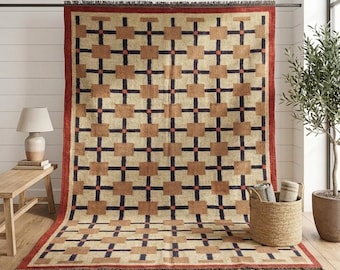 Scandinavian Boho Kilim Rug, Wool Jute Handwoven Area Rug, Neutral Geometric Flatweave, Custom Size Living Room Bedroom Rug