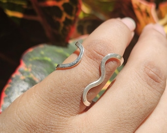 Sterling Silver Wave Ring: Adjustable Open Design, Minimalist Jewelry