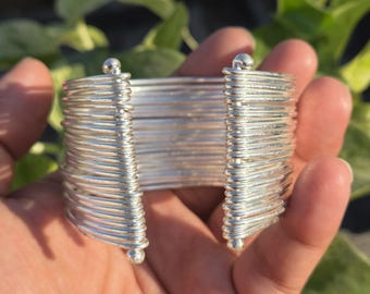 Handmade Sterling Silver Wide Cuff Bracelet | Adjustable Wire Wrap Bangle