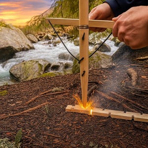 Könnte beinhalten: Eine Person benutzt einen hölzernen Bogenbohrer, um im Freien ein Feuer zu entfachen. Der Bohrer besteht aus hellem Holz und wird auf einer Holzbasis verwendet. Funken sind sichtbar, während der Bohrer benutzt wird. Der Hintergrund umfasst einen Bach und einen Wald.