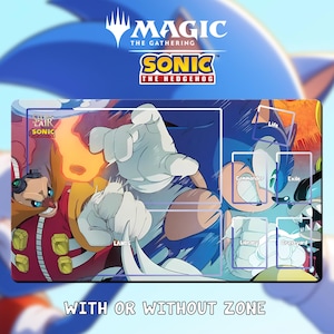 May include: A rectangular playmat featuring Sonic the Hedgehog characters and the Magic: The Gathering logo. The mat has a blue, yellow, and white colour scheme with text that reads "WITH OR WITHOUT ZONE". The playmat is designed for card games.