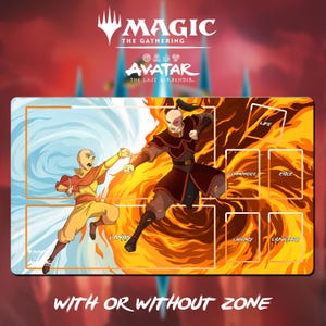 Op de afbeelding: Een rechthoekige speelmat met personages uit Avatar: The Last Airbender, met het Magic: The Gathering-logo. De mat toont Aang en Zuko in actie, met zones gemarkeerd voor gameplay. De tekst "WITH OR WITHOUT ZONE" staat onderaan.