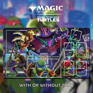Puede incluir: Alfombrilla de juego rectangular con personajes de las Tortugas Ninja de Magic: The Gathering. La alfombrilla tiene un borde verde e incluye zonas para Vida, Comandante, Exilio, Tierras, Biblioteca y Cementerio. El diseño muestra a las tortugas en acción con un fondo de ciudad.