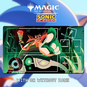 May include: A Magic: The Gathering playmat featuring Sonic the Hedgehog characters. The mat has a green and black design with character illustrations and labeled zones for gameplay. The text "WITH OR WITHOUT ZONE" is at the bottom.