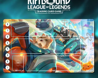 May include: A Riftbound League of Legends trading card game playmat. The mat features a colorful illustration of cartoon animals in space suits, with labeled zones for gameplay. The text "WITH OR WITHOUT ZONE" is at the bottom.