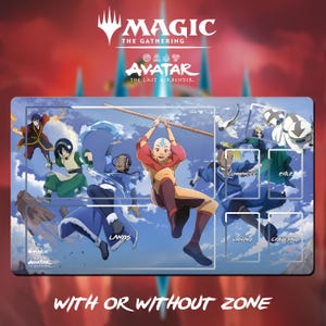 Op de afbeelding: Een rechthoekige speelmat met personages uit Avatar: The Last Airbender, met het Magic: The Gathering-logo bovenaan. De mat heeft zones gemarkeerd voor gameplay en de tekst "WITH OR WITHOUT ZONE" onderaan.