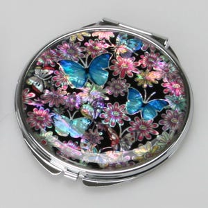 Mother of Pearl Compact Mirror: Korean Nacre Inlay, 2X Magnifying - Blue Butterfly