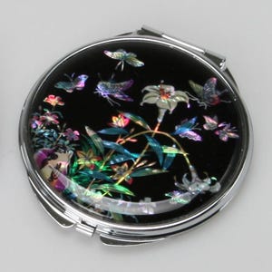 Mother of Pearl Compact Mirror: Korean Nacre Inlay, 2X Magnifying