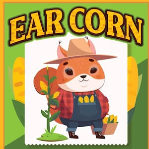 Puede incluir: Ilustración colorida de una ardilla granjera sosteniendo maíz. La imagen presenta el texto "EAR CORN" y "PURINTON FARMS, HUNTLAND, TN". El peso neto es de 2,95 kg.