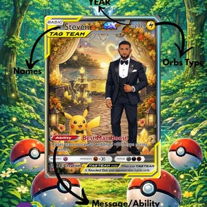 Op de afbeelding: Aanpasbare Pok&eacute;mon-kaart met een man in smoking en Pikachu. De kaart bevat de naam "Steven", het jaar "2026" en de tekst "Best Man Boost". Rode en witte Pok&eacute; Balls zijn verspreid rond de kaart.