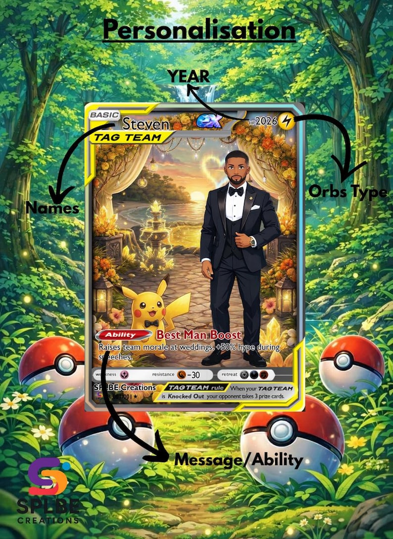 Op de afbeelding: Aanpasbare Pok&eacute;mon-kaart met een man in smoking en Pikachu. De kaart bevat de naam "Steven", het jaar "2026" en de tekst "Best Man Boost". Rode en witte Pok&eacute; Balls zijn verspreid rond de kaart.