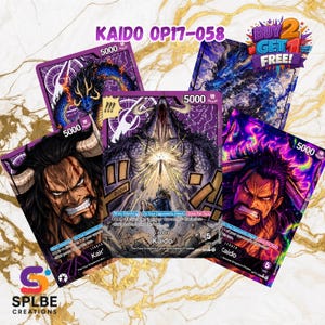 May include: A collection of five One Piece trading cards featuring the character Kaido. The cards display various artistic illustrations of Kaido in purple, blue, and black tones, with power level 5000 and text including Kaido OP17-058.