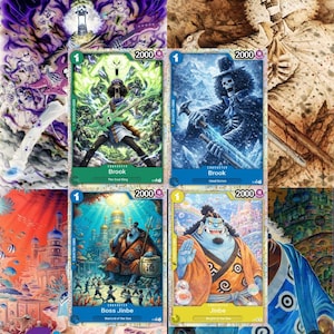 Könnte beinhalten: Eine Collage von One Piece-Sammelkarten mit Charakteren wie Brook und Jinbe. Die Karten zeigen lebendige Illustrationen und Texte wie "COUNTER-3000" und Charakternamen. Der Hintergrund zeigt Kunstwerke.