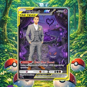Op de afbeelding: Een aangepaste ruilkaart met een man in een grijs pak en een Gengar-personage. De kaart heeft de tekst "Michael TAG TEAM" en "Best Man Boost". De achtergrond bevat een bos en meerdere Pok&eacute; Balls.