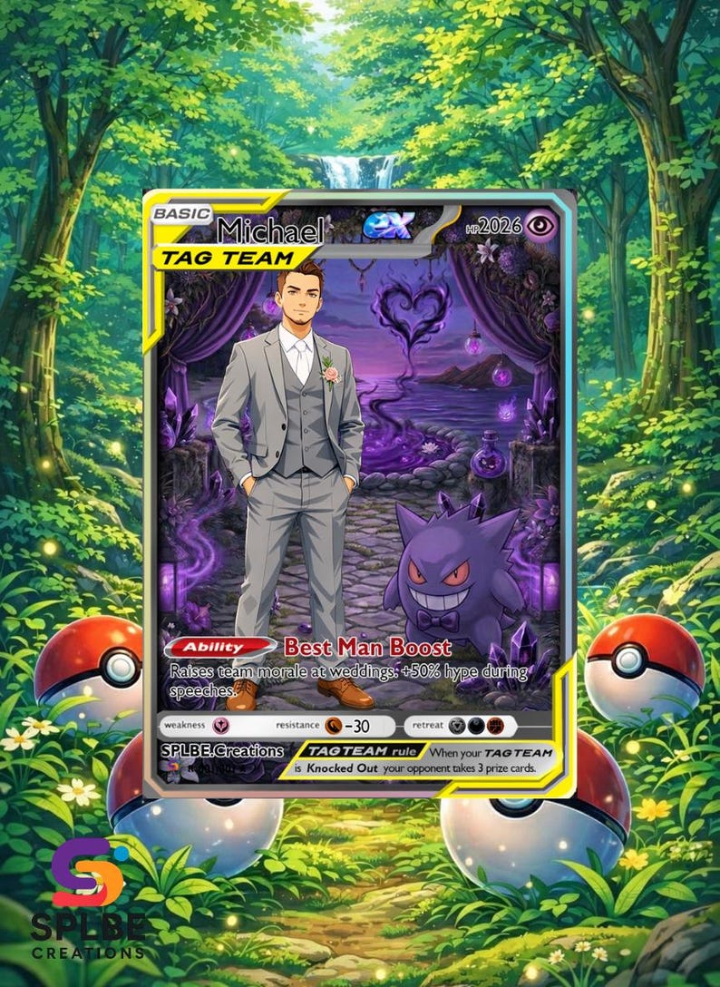 Op de afbeelding: Een aangepaste ruilkaart met een man in een grijs pak en een Gengar-personage. De kaart heeft de tekst "Michael TAG TEAM" en "Best Man Boost". De achtergrond bevat een bos en meerdere Pok&eacute; Balls.