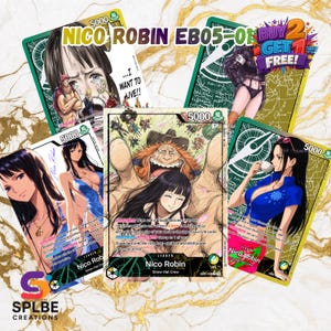 May include: A collection of five One Piece trading cards featuring Nico Robin, each displaying a power level of 5000, character illustrations, and game text. The cards are arranged on a white background with gold marble veining patterns.