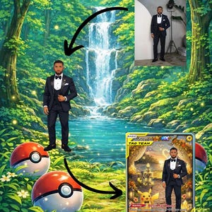 Op de afbeelding: Een artistieke weergave van een man in een zwart smoking, vlinderdas en pochet, tegen een achtergrond van een waterval en weelderig groen. Bevat een Pok&eacute;mon-kaart met de tekst "Steven TAG TEAM" en twee Pok&eacute; Balls.
