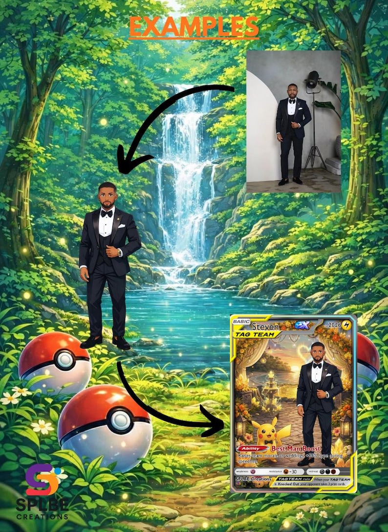 Op de afbeelding: Een artistieke weergave van een man in een zwart smoking, vlinderdas en pochet, tegen een achtergrond van een waterval en weelderig groen. Bevat een Pok&eacute;mon-kaart met de tekst "Steven TAG TEAM" en twee Pok&eacute; Balls.