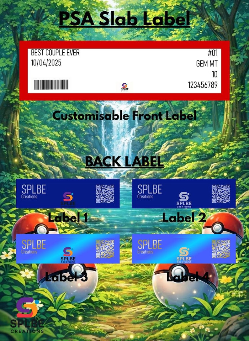 Op de afbeelding: Een PSA-slablabel met de tekst "BEST COUPLE EVER" en de datum "10/04/2025". Het label bevat ook een barcode, een GEM MT-kwaliteit van 10 en het nummer 123456789. De afbeelding toont aanpasbare labelontwerpen voor de voor- en achterkant.