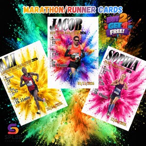 Peut inclure: Cartes de coureurs de marathon avec des coureurs en action, affichant des noms et des détails de course. Les cartes présentent des arrière-plans colorés jaunes, roses et violets, avec le texte "Marathon/Runner Cards" et "Buy 2 Get 1 Free!"