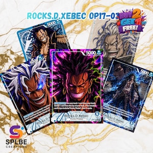 May include: A collection of Rocks D. Xebec trading cards from the One Piece card game, featuring various artistic illustrations of the character with dark hair, gold earrings, and a sinister grin, all labeled with the name Rocks D. Xebec.