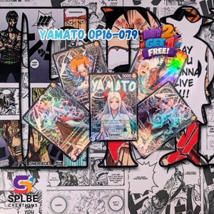 Könnte beinhalten: Eine Sammlung von Yamato-Sammelkarten mit holografischen Oberflächen, die verschiedene Illustrationen der Figur zeigen. Die Karten zeigen den Text "YAMATO OP16-079" und "BUY 2 GET 1 FREE!". Der Hintergrund ist im Comic-Stil gestaltet.