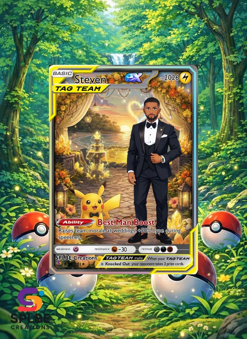 Op de afbeelding: Een gepersonaliseerde Pok&eacute;mon-kaart met een man in smoking en Pikachu. De kaart leest "Steven TAG TEAM" en "Best Man Boost". De achtergrond toont een bruiloftsc&egrave;ne met zonsondergang en bos, met nummer 2026.