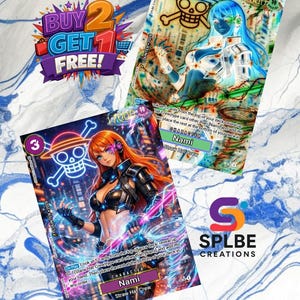 May include: Two anime trading cards, one with orange hair and the other with blue hair, against a neon city backdrop. The cards display the text "Nami" and "Straw Hat Crew". A banner reading "Buy 2 Get 1 Free" is also present.