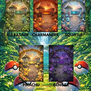 Op de afbeelding: Digitale kunstafdruk met vijf Pok&eacute;mon-sc&egrave;nes, elk met een pad naar een hartvormig licht. Personages zijn Bulbasaur, Charmander, Squirtle, Pikachu en Gengar. De tekst "SPECIAL ART BACKGROUND" staat bovenaan. Omgeven door een groen bos.
