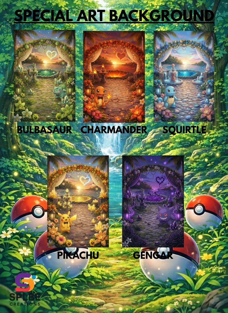 Op de afbeelding: Digitale kunstafdruk met vijf Pok&eacute;mon-sc&egrave;nes, elk met een pad naar een hartvormig licht. Personages zijn Bulbasaur, Charmander, Squirtle, Pikachu en Gengar. De tekst "SPECIAL ART BACKGROUND" staat bovenaan. Omgeven door een groen bos.