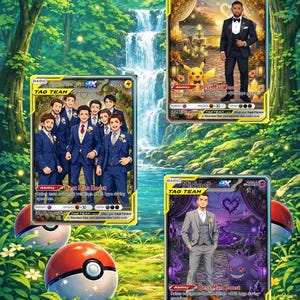 Op de afbeelding: Afbeelding met drie aangepaste ruilkaarten met bruidegoms en Pok&eacute;mon-personages. De kaarten hebben bovenaan de tekst "EXAMPLES". De kaarten tonen bruidegoms in pakken, met de tekst "TAG TEAM" en "Best Man Boost".