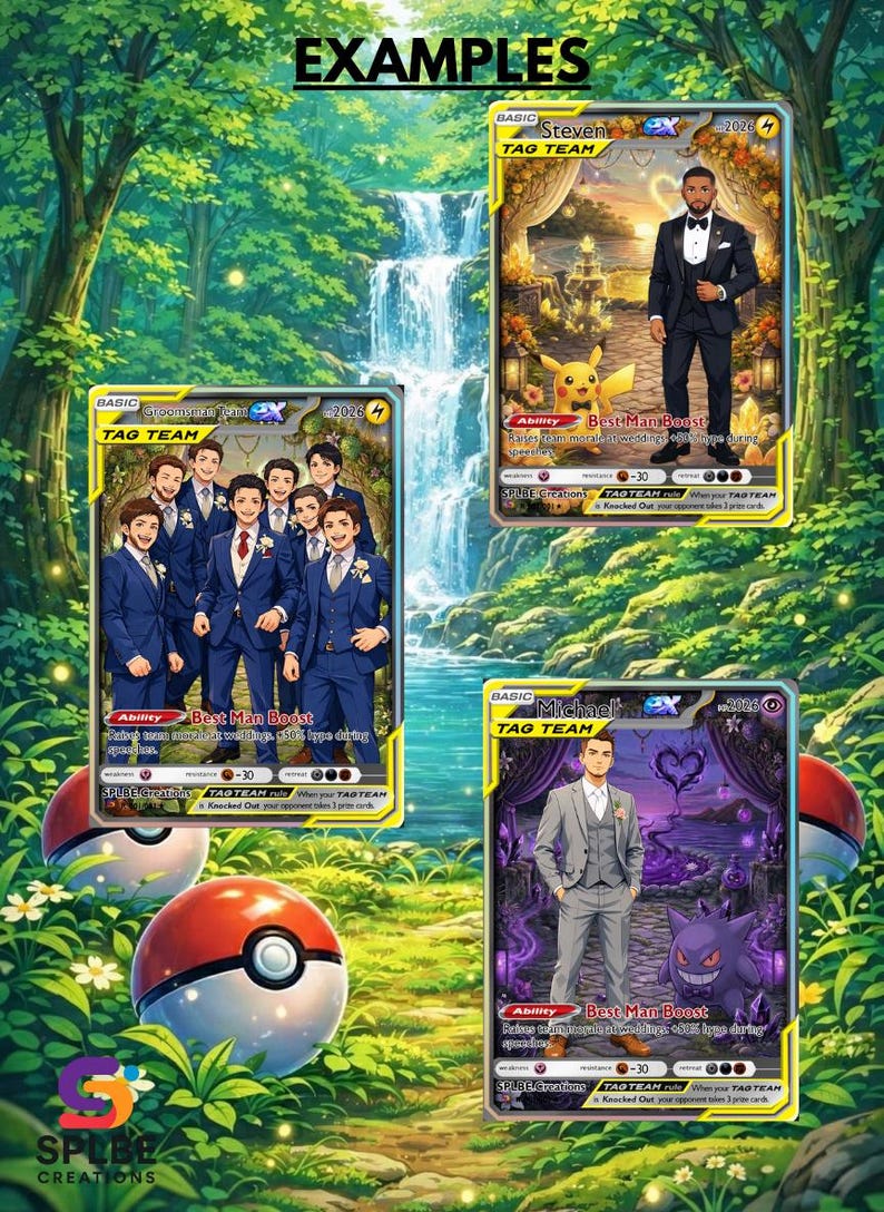Op de afbeelding: Afbeelding met drie aangepaste ruilkaarten met bruidegoms en Pok&eacute;mon-personages. De kaarten hebben bovenaan de tekst "EXAMPLES". De kaarten tonen bruidegoms in pakken, met de tekst "TAG TEAM" en "Best Man Boost".
