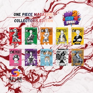 Könnte beinhalten: Eine Sammlung von zehn "One Piece Magazine Collector's Edition"-Covern, jedes mit einer anderen Charakterillustration. Die Cover sind in verschiedenen Farben gehalten und enthalten Text und Logos. Eine Grafik "Kaufe 2, erhalte 1 gratis!" ist ebenfalls vorhanden.