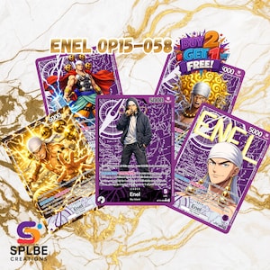 Könnte beinhalten: Eine Sammlung von lila Sammelkarten mit Charakterillustrationen. Die Karten zeigen den Text "ENEL OP15-058" und "BUY 2 GET 1 FREE!". Sie sind vor einem goldenen und weißen Hintergrund mit dem Logo "SPLBE CREATIONS" platziert.