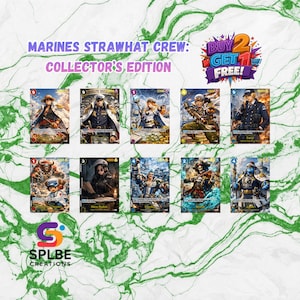 May include: Collector's edition trading cards featuring characters from the Marines Strawhat Crew. The cards have colorful illustrations of various characters, with text and numbers. The cards are set against a green and white marble-like background, with the SPLBE Creations logo.