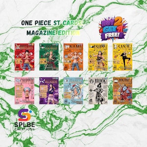 Könnte beinhalten: Eine Sammlung von One Piece ST Cards, Magazine Edition, mit verschiedenen Charakteren. Jede Karte hat ein einzigartiges Design und Farbschema, wobei die Charaktere in Actionposen dargestellt werden. Die Karten sind vor einem grün-weißen Marmorhintergrund.