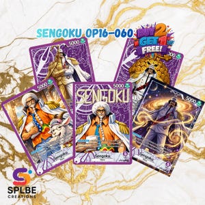 Könnte beinhalten: Fünf Sammelkarten mit der Figur Sengoku. Die Karten haben ein lila-goldenes Design mit dem Text "SENGOKU OP16-060" und "KAUFE 2 BEKOMME 1 GRATIS!". Jede Karte zeigt eine andere Illustration von Sengoku.