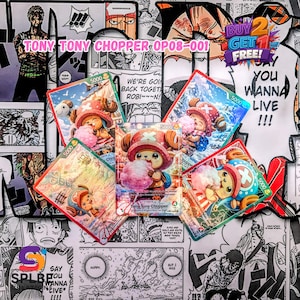 Könnte beinhalten: Fünf Sammelkarten mit Tony Tony Chopper aus One Piece. Jede Karte zeigt eine farbenfrohe Illustration von Chopper mit Zuckerwatte und einem Wert von 5000. Der Hintergrund ist eine Collage aus Manga-Panels.