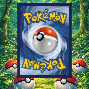 Op de afbeelding: Achterkant van een Pok&eacute;mon-kaart met een blauwe achtergrond, het gele Pok&eacute;mon-logo en een Pok&eacute; Ball-ontwerp. De tekst "Back of the Card Colour" staat bovenaan. De afbeelding bevat ook Pok&eacute; Balls.