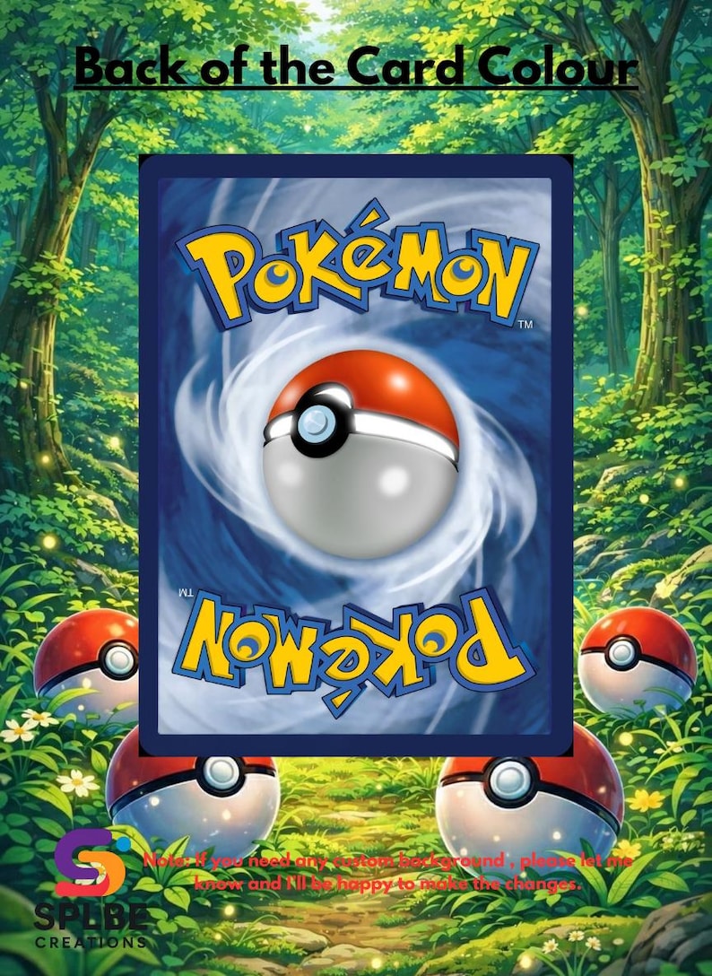 Op de afbeelding: Achterkant van een Pok&eacute;mon-kaart met een blauwe achtergrond, het gele Pok&eacute;mon-logo en een Pok&eacute; Ball-ontwerp. De tekst "Back of the Card Colour" staat bovenaan. De afbeelding bevat ook Pok&eacute; Balls.