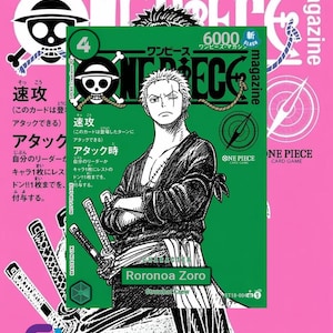 Könnte beinhalten: Ein grünes und pinkfarbenes One Piece-Magazin-Cover mit Roronoa Zoro. Das Cover enthält japanischen Text, ein Totenkopf-Logo und den Text "ONE PIECE CARD GAME".