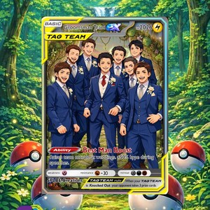 Op de afbeelding: Een ruilkaart met een groep mannen in blauwe pakken, getiteld "Groomsman Team". De kaart heeft een "Best Man Boost"-vaardigheid en is geplaatst tegen een bosachtergrond met twee Pokeball-illustraties.
