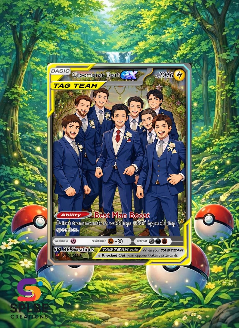 Op de afbeelding: Een ruilkaart met een groep mannen in blauwe pakken, getiteld "Groomsman Team". De kaart heeft een "Best Man Boost"-vaardigheid en is geplaatst tegen een bosachtergrond met twee Pokeball-illustraties.
