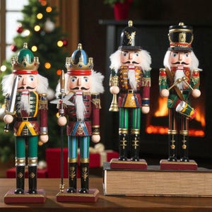 May include: Four decorative wooden nutcrackers in military-style uniforms. Each figure has a unique design, including green, red, and blue coats, gold accents, and white hair. They stand on rectangular bases, with a Christmas tree in the background.