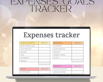 May include: A laptop screen shows an "Expenses tracker" template. The template is divided into sections for fixed expenses, shopping, medical, and food, with space to input amounts. The words "EXPENSES GOALS TRACKER" are at the top.