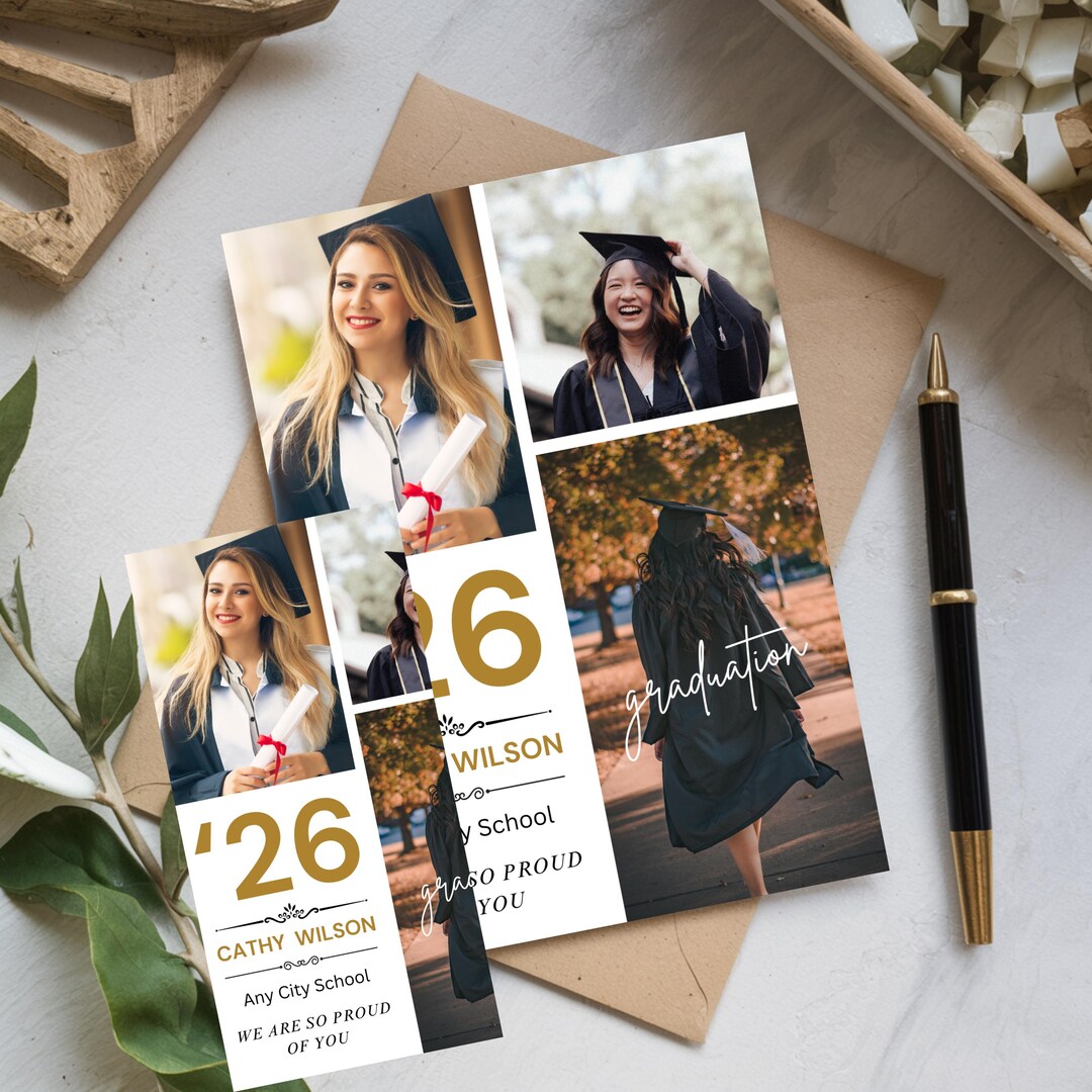 Grad Picture Collage Gold Photo Collage Graduation Flat Card, Editable Grad Announcement ...