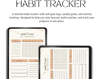 Pode incluir: Dois rastreadores de hábitos digitais com o texto "HABIT TRACKER" no topo. Os rastreadores têm seções para atividade, metas pessoais e notas. O texto "Habit Tracker SELF IMPROVEMENT!" também é visível.