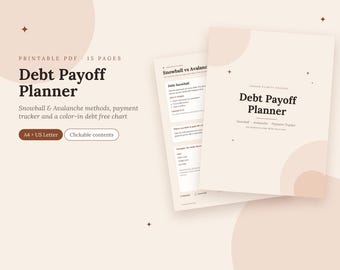 May include: A printable 15-page Debt Payoff Planner PDF featuring Snowball and Avalanche methods, a payment tracker, and a color-in debt free chart. The document includes A4 and US Letter sizes with clickable contents and dark text.