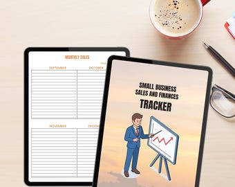 May include: Two tablets displaying business sales and finance tracker templates. One tablet shows a monthly sales layout, while the other features a presentation graphic with the text "Small Business Sales and Finances Tracker."